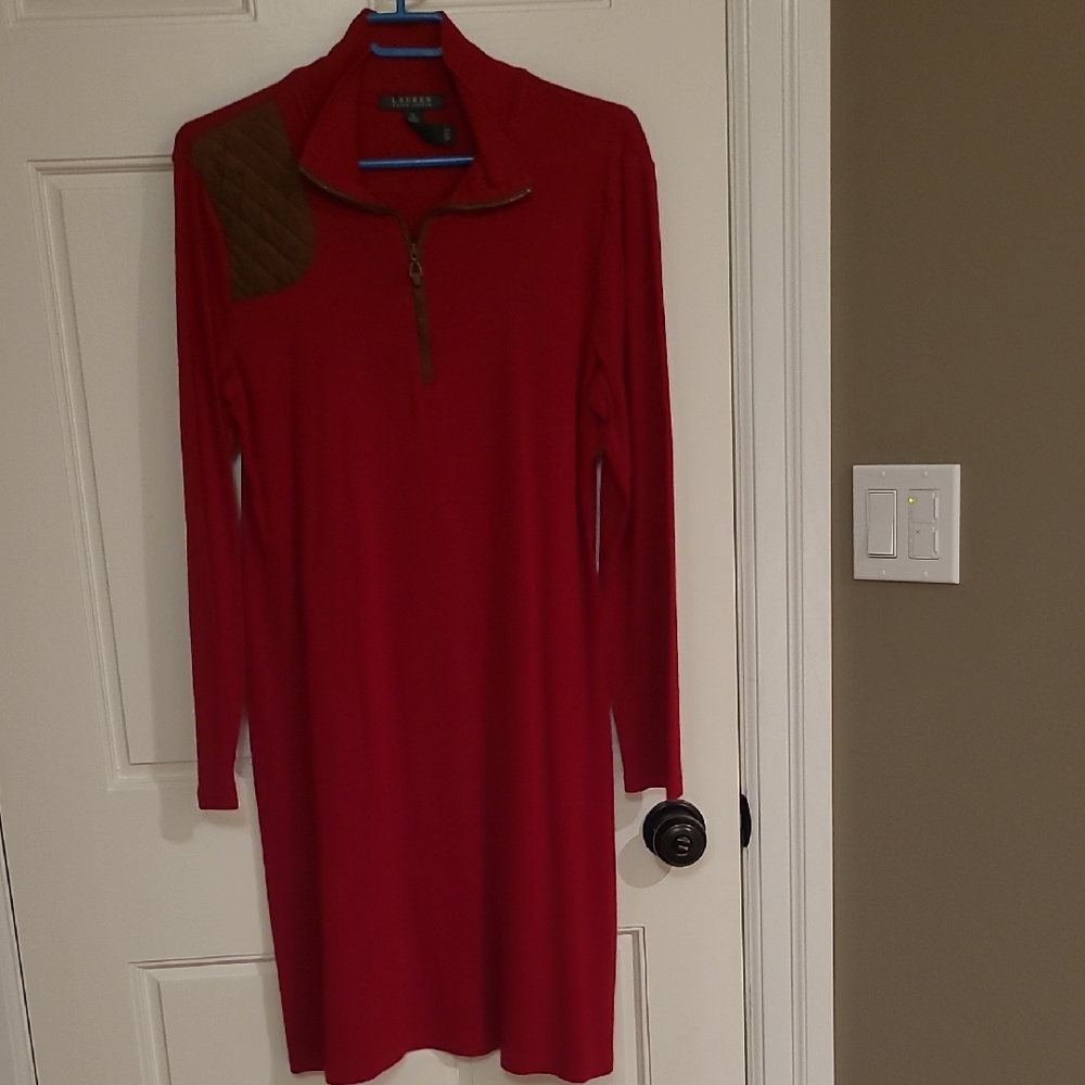 Lauren Red Long Sleeve Jersey Dress with Brown Faux Leather Patch, Size XL